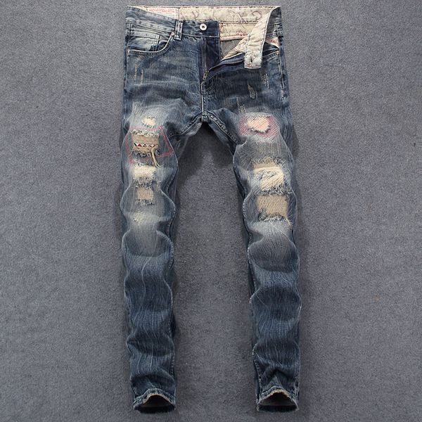 breeze pants vintage italian fashions retro-wash thin fit ripped designer streetwear hip jeans homme k8b1, Blue